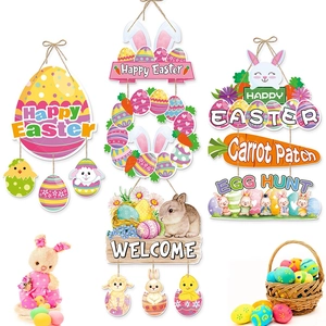 Happy Easter Door Hanging Sign Bunny Egg Carrot Pattern Paper Wall Decoration Party Festive Ornament