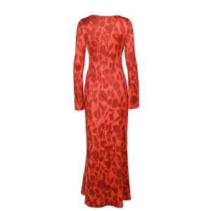 Rear view of long sleeve slim fit maxi dress with elegant red floral print pattern
