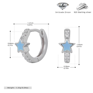 Detailed view of S925 sterling silver star earrings with blue glaze and size specifications
