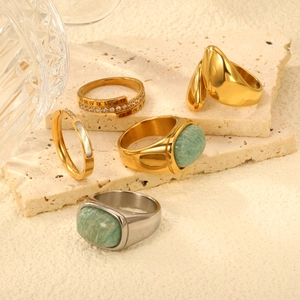 Stainless Steel Rings For Women 18K Gold Plated Natural Stone Mother Of Artificial Pearl Roman Numerals Minimalist Geometric