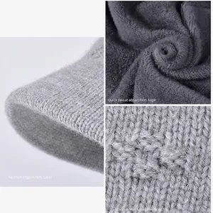 Winter knitted slouchy beanie with fleece lining and mini windproof brim in grey
