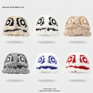 Women Winter Faux Fur Bucket Hat Warm Thickened Acrylic Knit Crochet Flower Lion Dance Design Plush Ear Protection