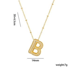 Macro detail of 18K gold letter B pendant necklace with dimensions and weight specs