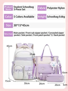 Three-piece school backpack set in polyester nylon featuring large capacity and dimensions