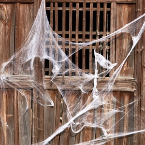 Close-up of white artificial spider web fibers on an old wooden door for Halloween decor
