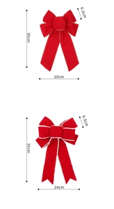 Detailed size specifications for handmade red velvet Christmas bows in two elegant designs