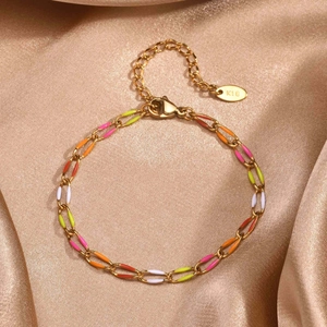 18K gold plated stainless steel chain bracelet with colorful enamel oval links on silk