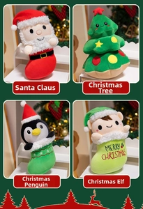 Detailed view of plush Christmas ornaments featuring Santa, Penguin, and Tree shapes