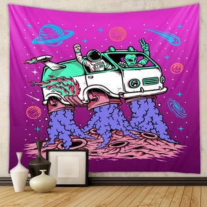 Detail of sci-fi tapestry featuring an astronaut and alien in a space-themed bedroom