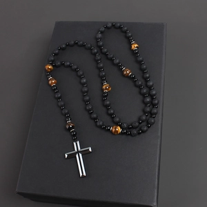 Religious men's rosary necklace with tiger eye stones and metal cross in a gift box
