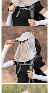 Detail of light grey sun hat with detachable face mask and white cooling arm sleeves