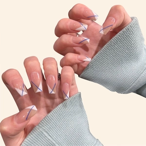Press On Nails Long Square French Style Diagonal White Nude Glossy Artificial Fake Fingernails With Glue And File