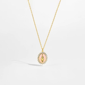 Vintage S925 silver necklace with golden Mary pendant and pink enamel inlay with crystals