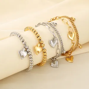 Fashion Heart Pendant Bracelet Stainless Steel 18K Gold Plated Bead Chain Layered Adjustable Jewelry For Women Girls