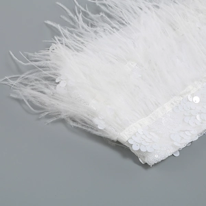 Detail of white ostrich feathers and shimmering sequins on luxury two-piece garment fabric