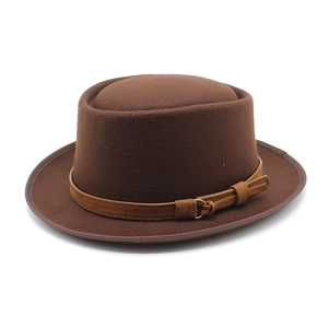 Women's Retro British Woolen Felt Fedora Hat Flat Top Boater Hat With Leather Band Metal Buckle Autumn Winter Warm Hat