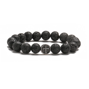 Natural black lava stone beaded bracelet featuring a round stainless steel cross pendant