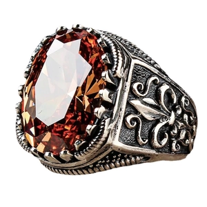 Vintage men's silver ring with oval amber zircon and ornate embossed carvings