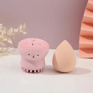 Pink octopus silicone cleansing brush and beige teardrop makeup sponge set for beauty