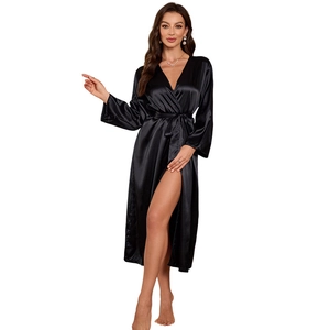 Elegant black satin long-sleeved bathrobe with silky finish and waist tie for women