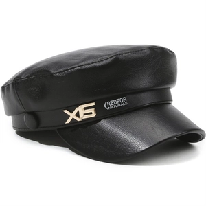 Classic black faux leather flat top beret hat with metallic gold accent and polished finish