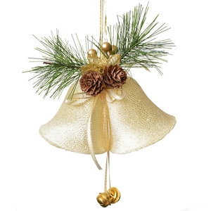 Christmas velvet bells ornament with green pine needles and cones on white background