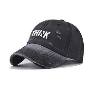 Washed Cotton Baseball Cap Distressed Think Letter Embroidery Retro Streetwear Adjustable Sun Hat For Men Women