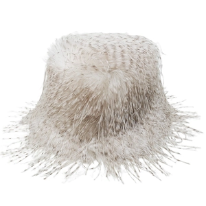 Detail shot of a white faux ostrich feather bucket hat with a fluffy and soft texture