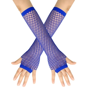 Close-up of blue long fishnet arm warmers with fingerless mesh design on model hands