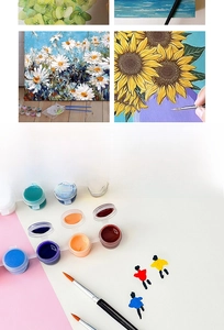 Detail of fine tip brushes and vibrant acrylic paint pots for DIY oil painting