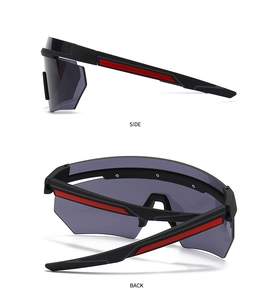 Side and back view of oversized sports cycling sunglasses with red stripe details
