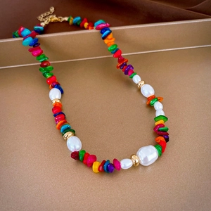 Colorful irregular stone and baroque pearl necklace with gold accents for women