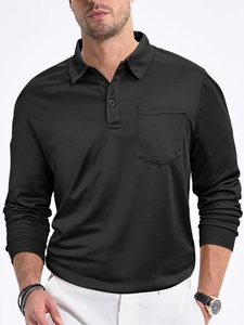 Close-up of black mesh polo shirt featuring honeycomb texture, chest pocket, and collar details