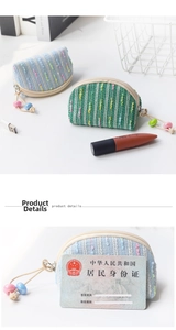 Detailed view of mini woven coin purses in blue and green with zipper and bead charms