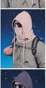 Close-up of windproof fleece hood with adjustable drawstring and ear protection detail