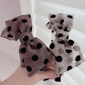 Elegant polka dot bow hairband set in brown and off-white translucent organza mesh