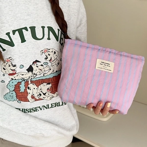 Canvas Striped Makeup Bag Large Capacity Portable Cosmetic Pouch Zipper Travel Wash Storage Organizer Korean Style Women