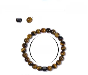 Detail showing 8mm tiger eye and hematite beads on a stretch bracelet with sizing info