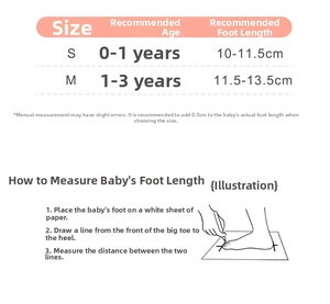Detailed size chart for anti-slip baby socks showing measurements for different ages