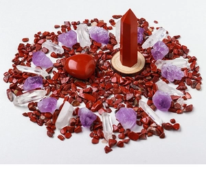 Red jasper hex pillar and heart stone set with amethyst and clear quartz crystals