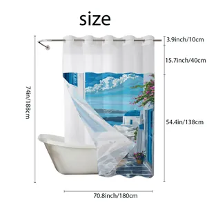 Detailed size chart showing 71x74 inch waffle shower curtain dimensions and sections