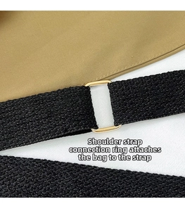 Détail de l'anneau métallique doré reliant la bandoulière noire au sac en tissu marron