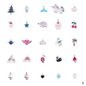 Macro view of 25 assorted colorful enamel pendants in nautical and unicorn designs