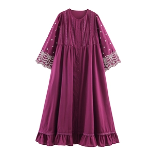 Vestito Lungo Donna Boho A Maniche Lunghe Viola Ricamato Orlo A Volant Girocollo Con Bottoni Vacanze Retro