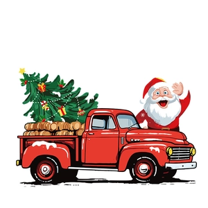 Cartoon red Christmas truck sticker with Santa Claus and festive tree on white background
