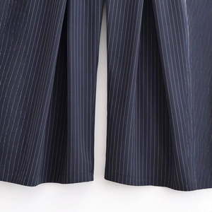 Pantalon femme taille haute à rayures verticales et jambe large en tissu drapé