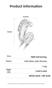 Detailed size chart for S925 silver double cuff earrings with cubic zirconia stones