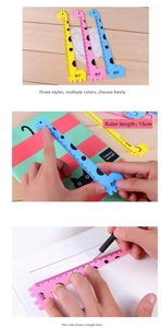Detailed views of 15cm giraffe rulers in yellow, pink and blue showing drawing usage