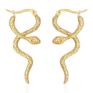 Vintage gold stainless steel snake hoop earrings with detailed scale texture on white background