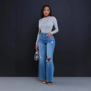 Women's high waist ripped wide leg jeans with grey slim fit knit top outfit